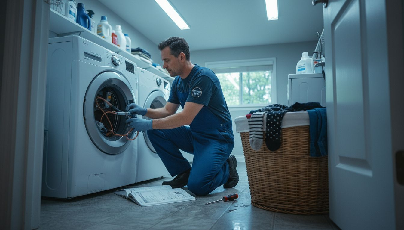 Technician fixes malfunctioning washing machine