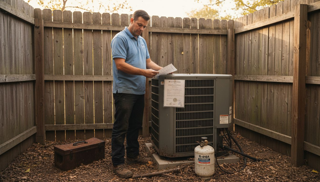 Certified technician servicing backyard HVAC unit