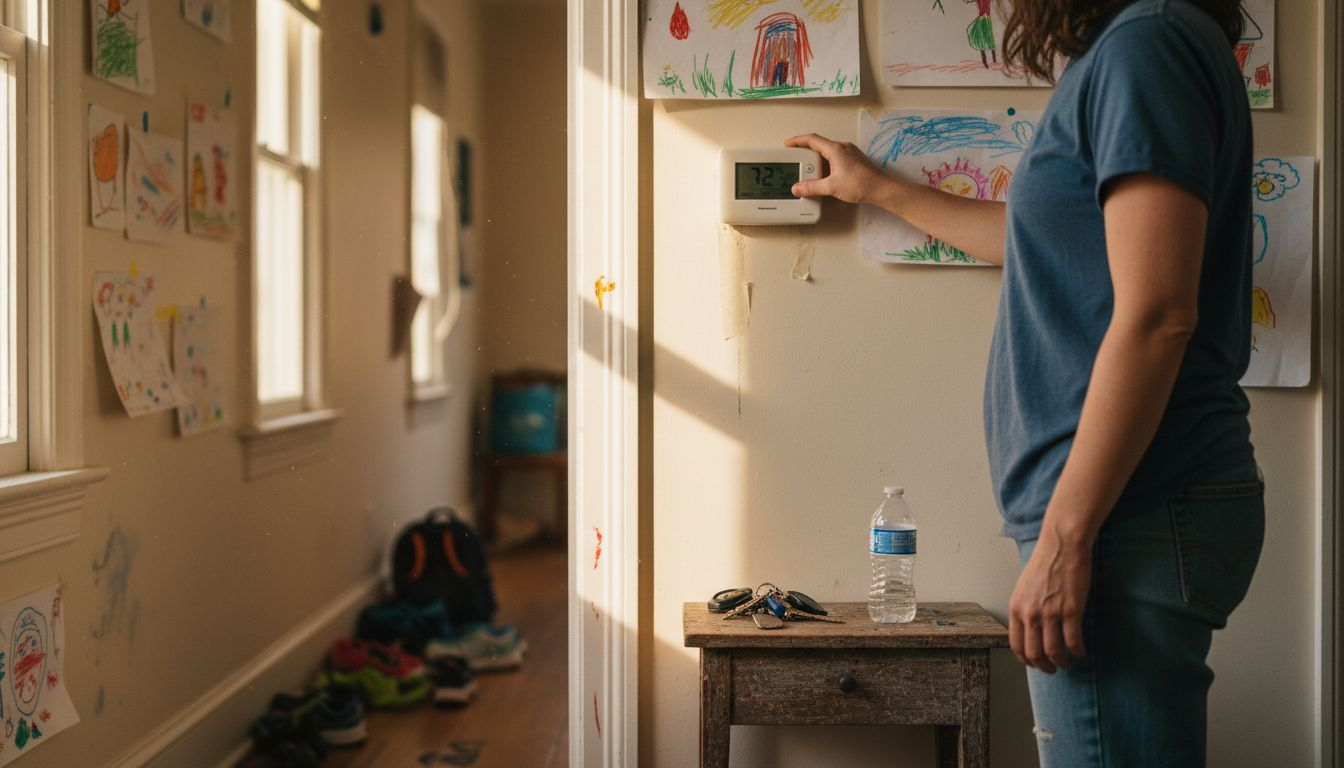 Parent adjusting digital thermostat in hallway