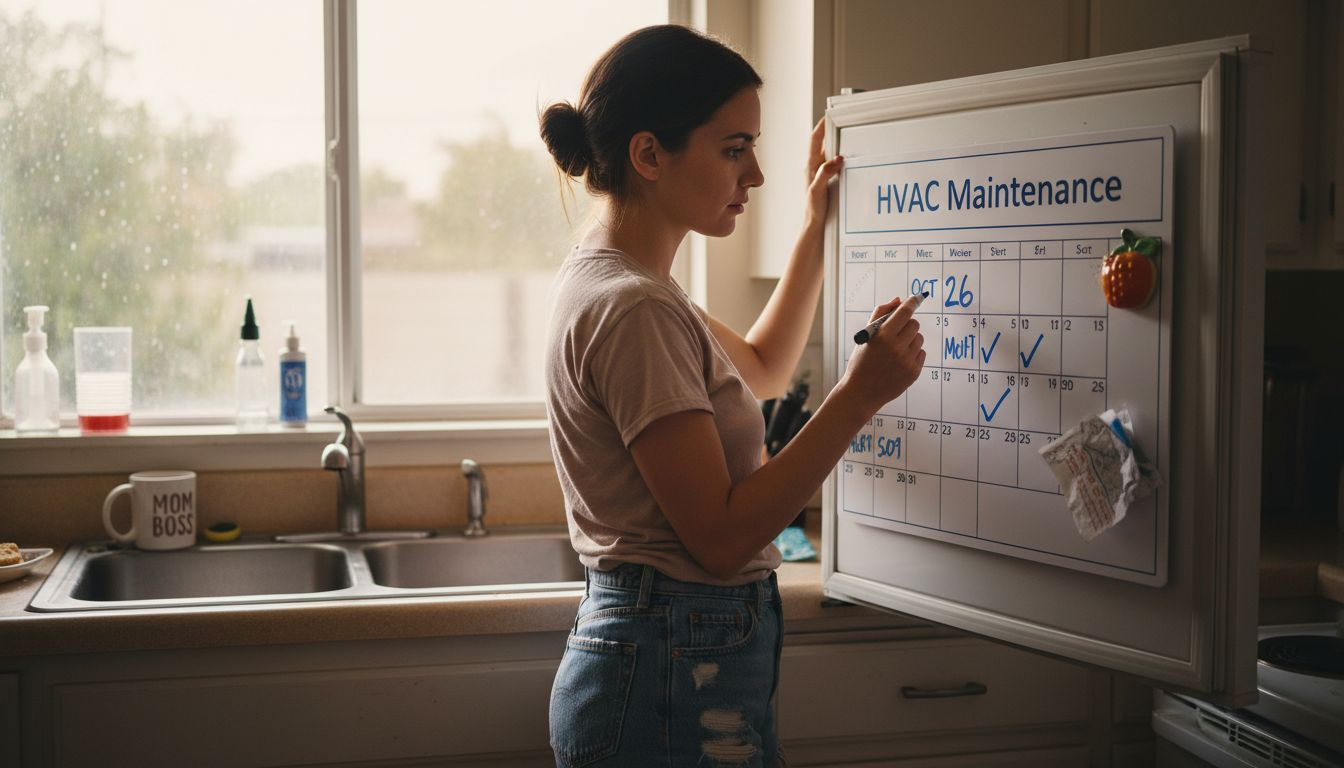 Homeowner marking HVAC maintenance calendar
