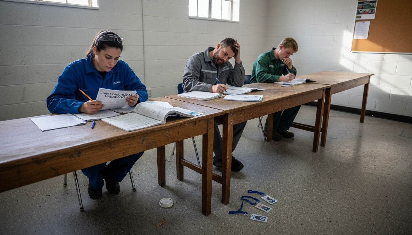 Technicians taking home repair certification exam