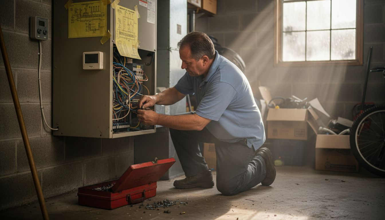 HVAC technician inspecting AC unit internals