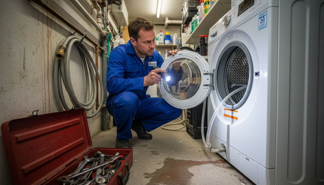 Technician inspecting washer pressure tube system