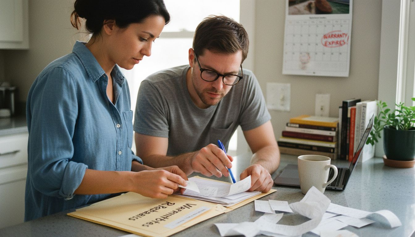 Couple organizing appliance warranty paperwork