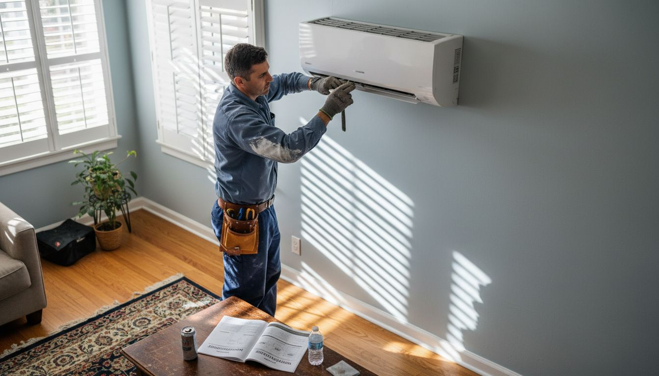 Technician installing a ductless mini-split unit