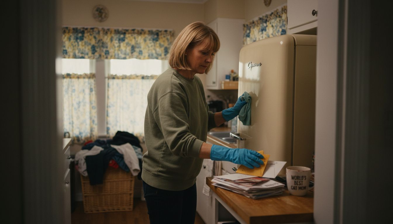 Woman cleaning fridge for repair visit