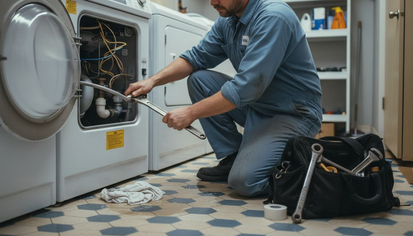Plumber fixing leaking washing machine drainage