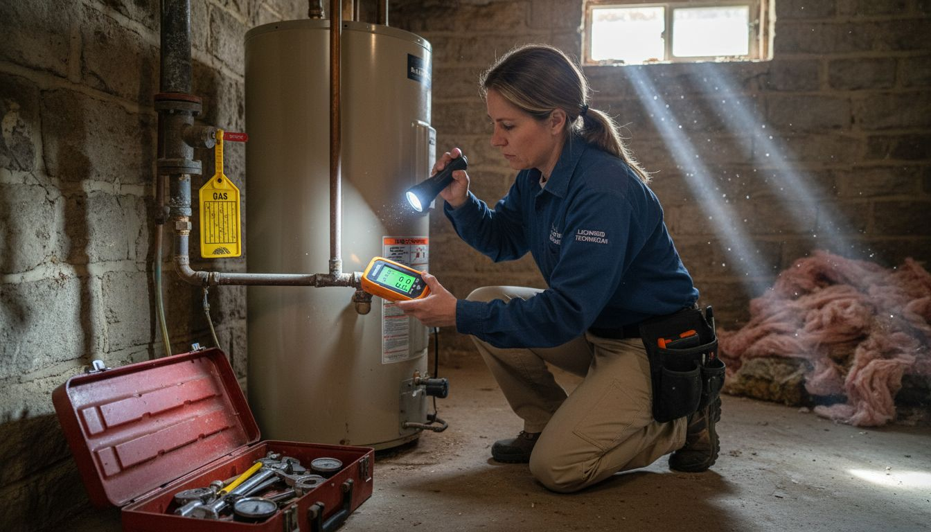 Technician checks basement gas pipe joint