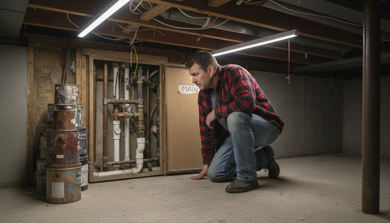 Homeowner checks pipes in basement access panel