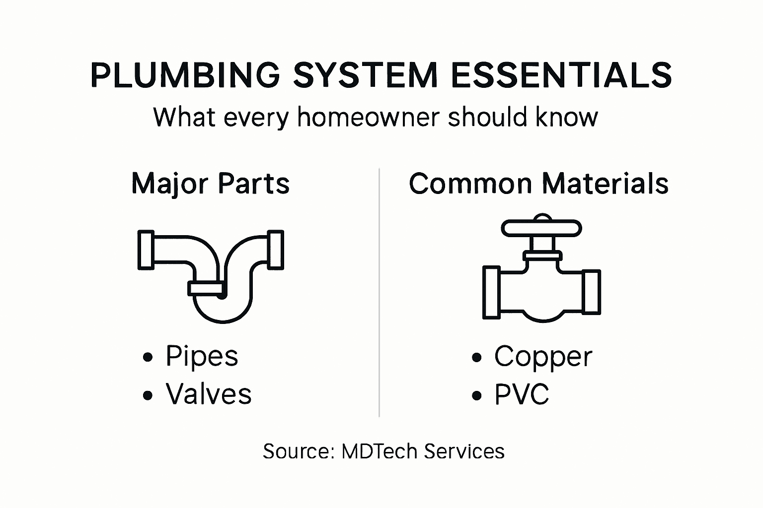 Infographic showing key plumbing system parts and materials