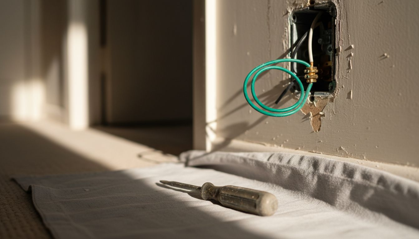 Closeup showing grounding wire in outlet box