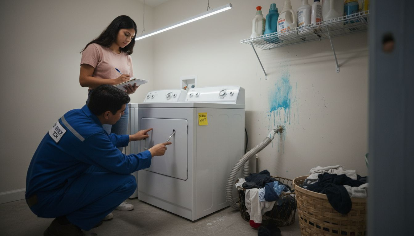 Inspector reviews washing machine with homeowner nearby