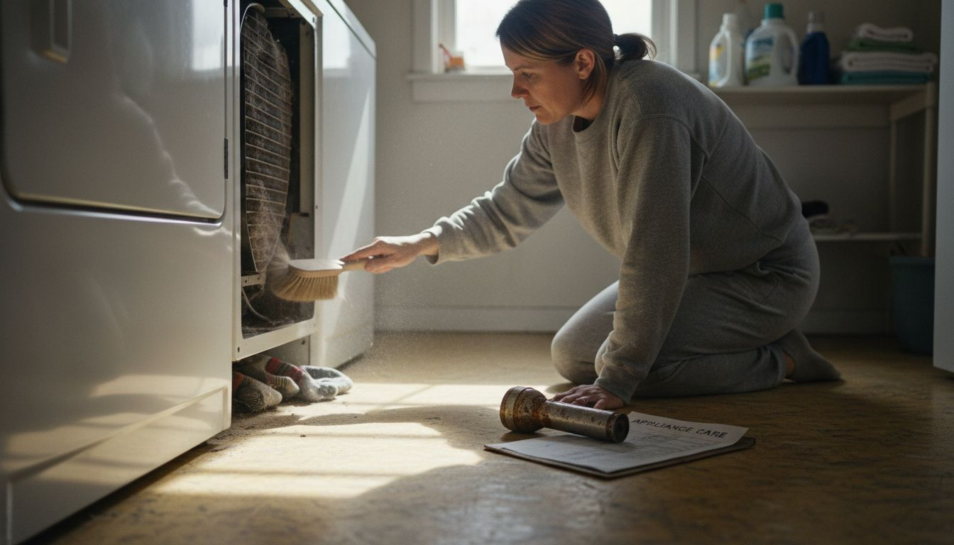 Woman cleaning dryer condenser coils in laundry room