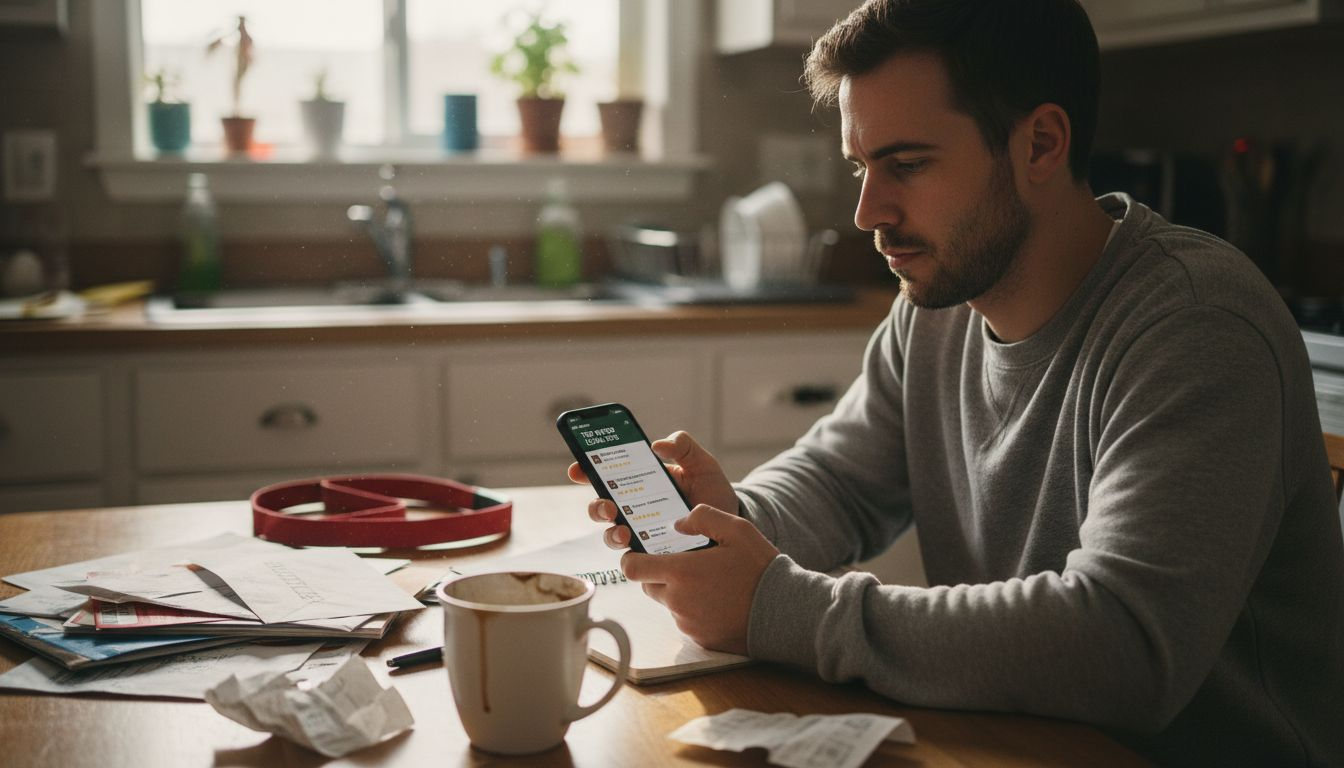 Homeowner scrolling reviews at kitchen table