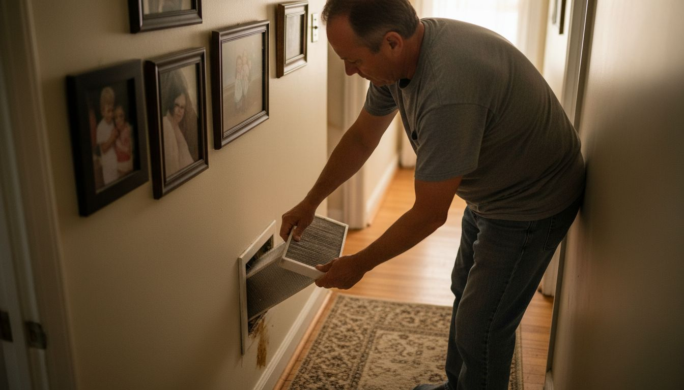 Homeowner replacing HVAC air filter