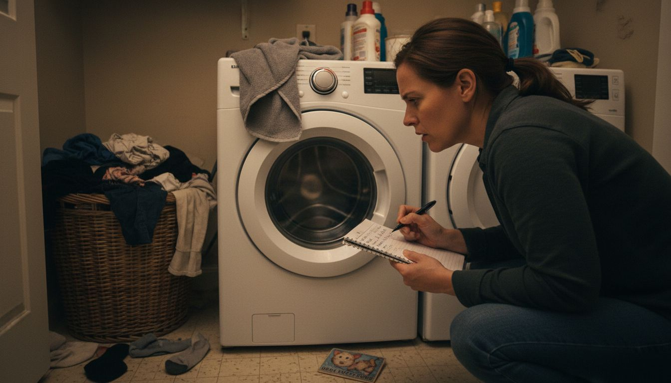 Woman noting appliance warning signs in laundry