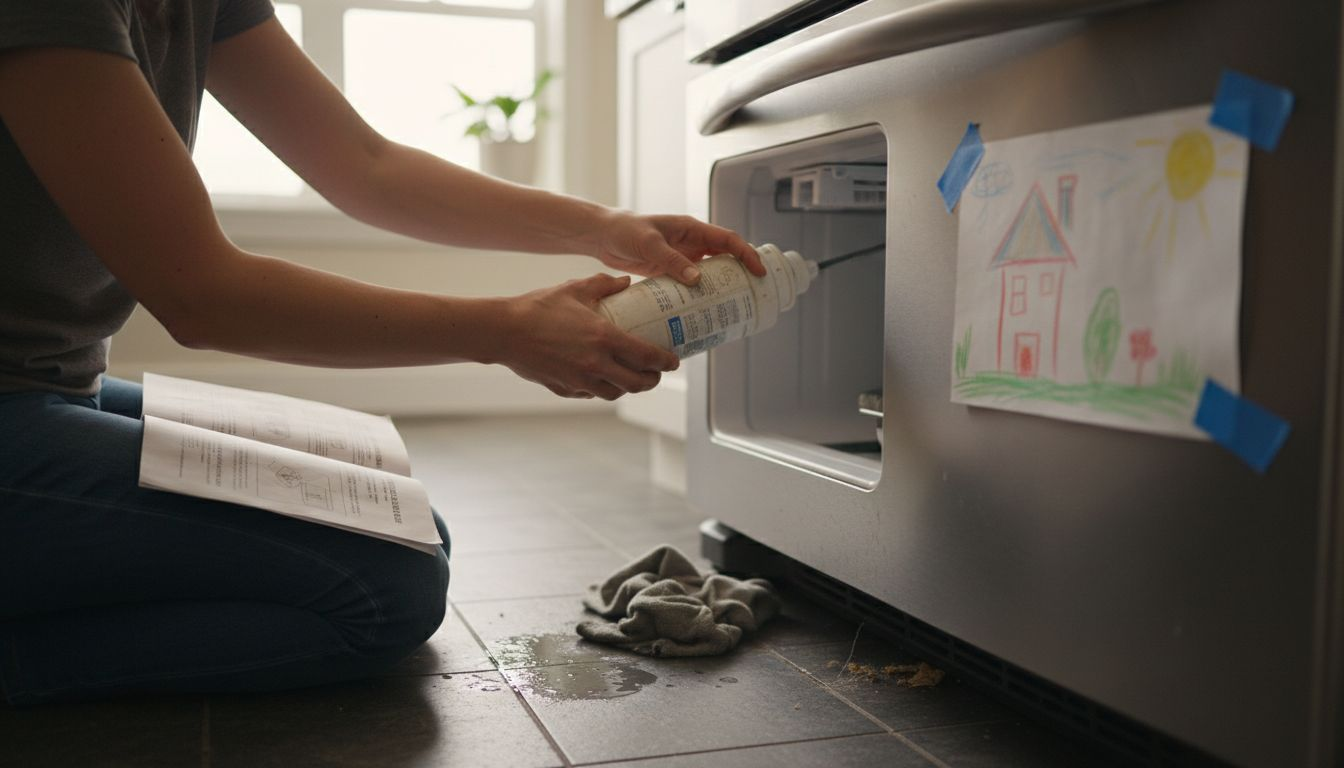 Woman replacing water filter on refrigerator