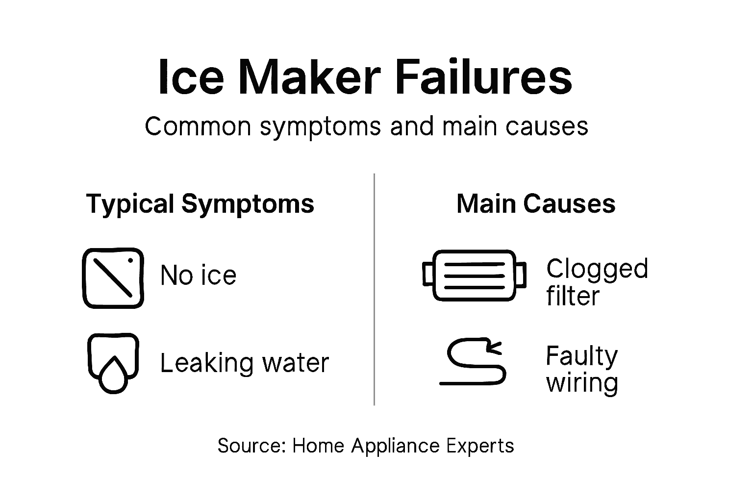 Infographic of ice maker failures and symptoms