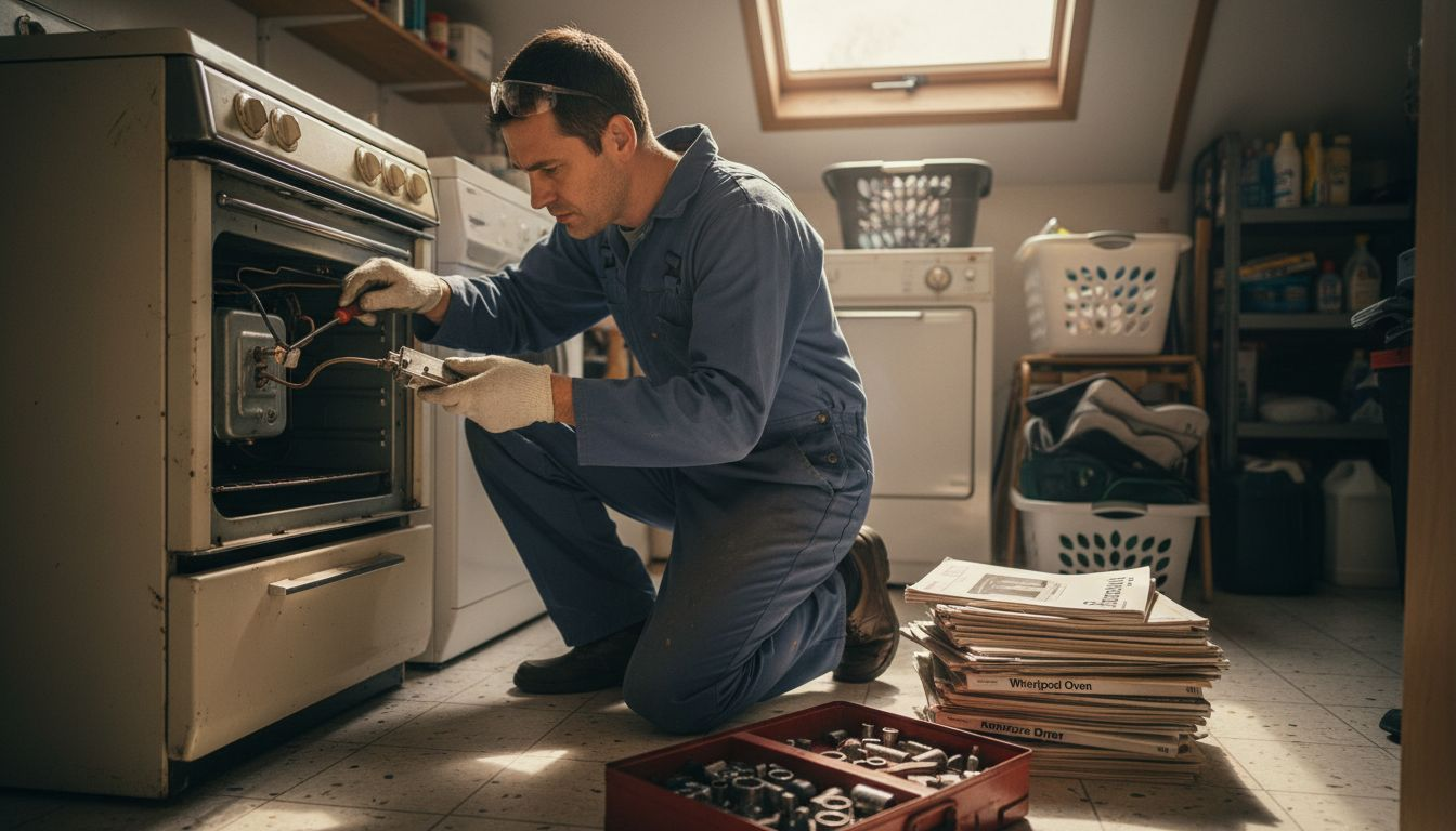 Technician inspecting worn oven components