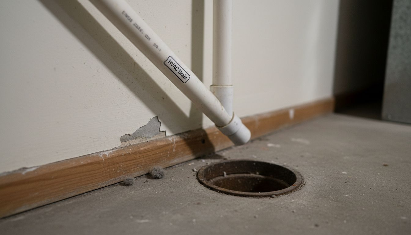 HVAC drain pipe sloped toward floor drain
