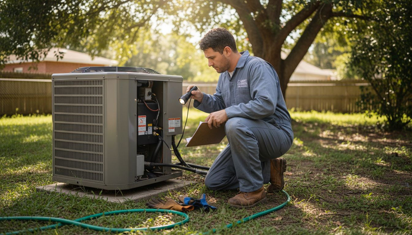 Technician inspecting outdoor hvac compressor