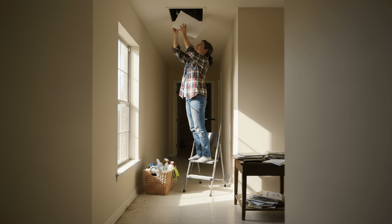 Homeowner replacing HVAC air filter