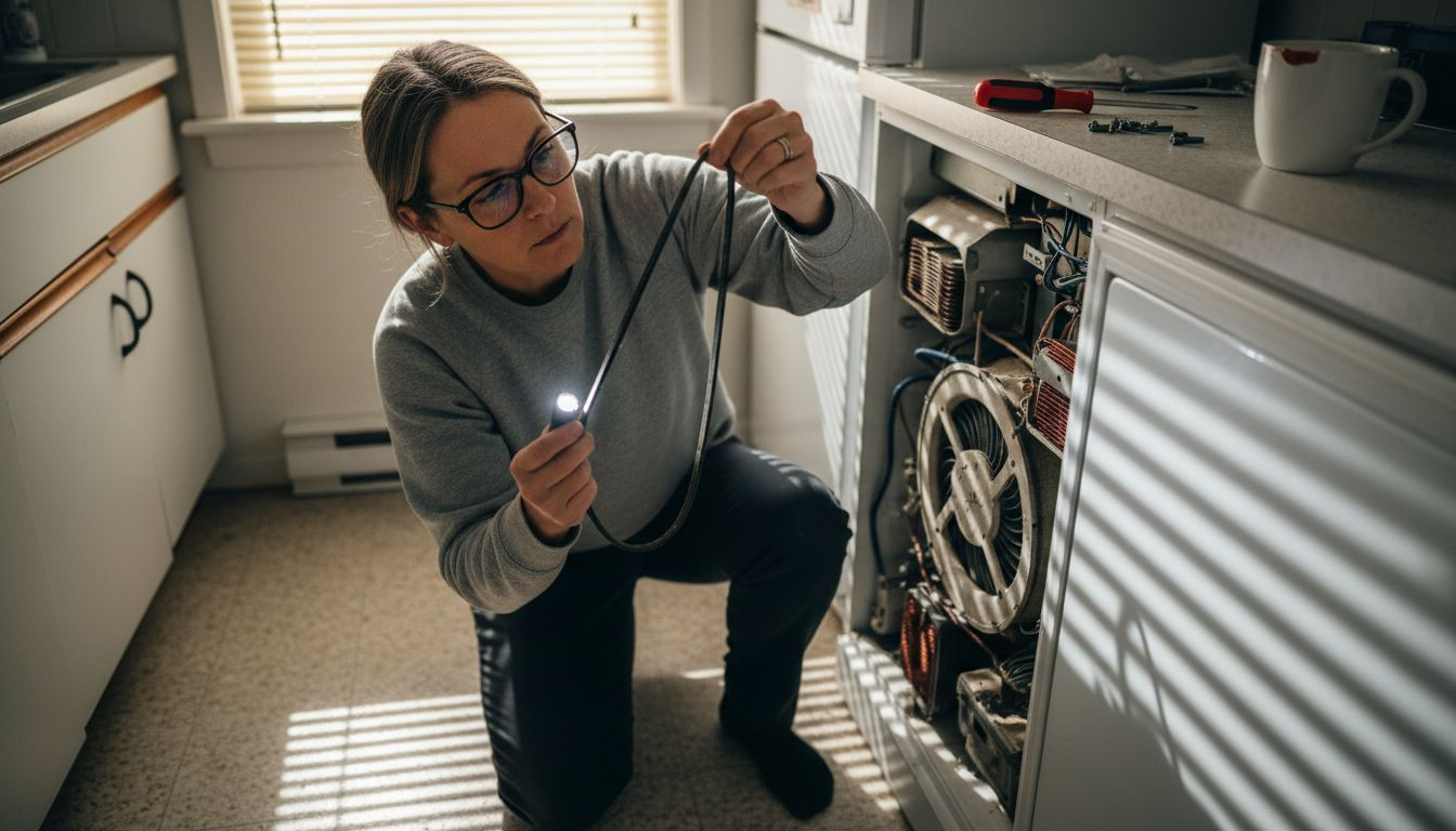 Homeowner inspecting appliance components with tools