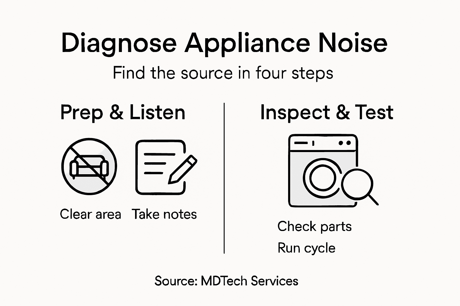 Infographic outlining appliance noise diagnosis steps