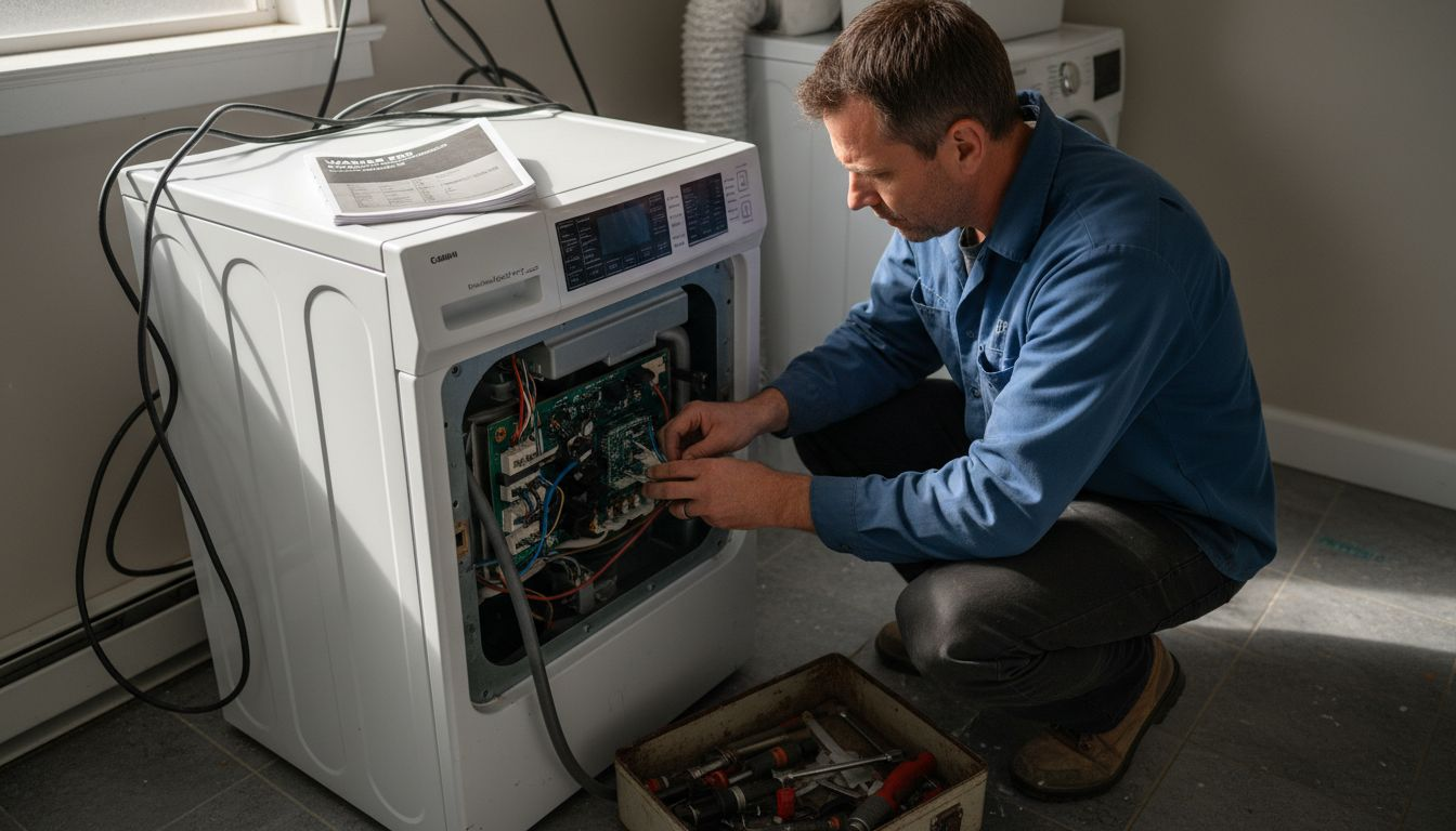 Technician inspecting advanced laundry appliance controls