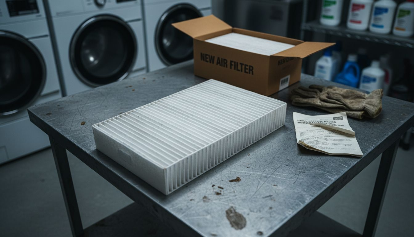 HEPA filter close-up on laundry table