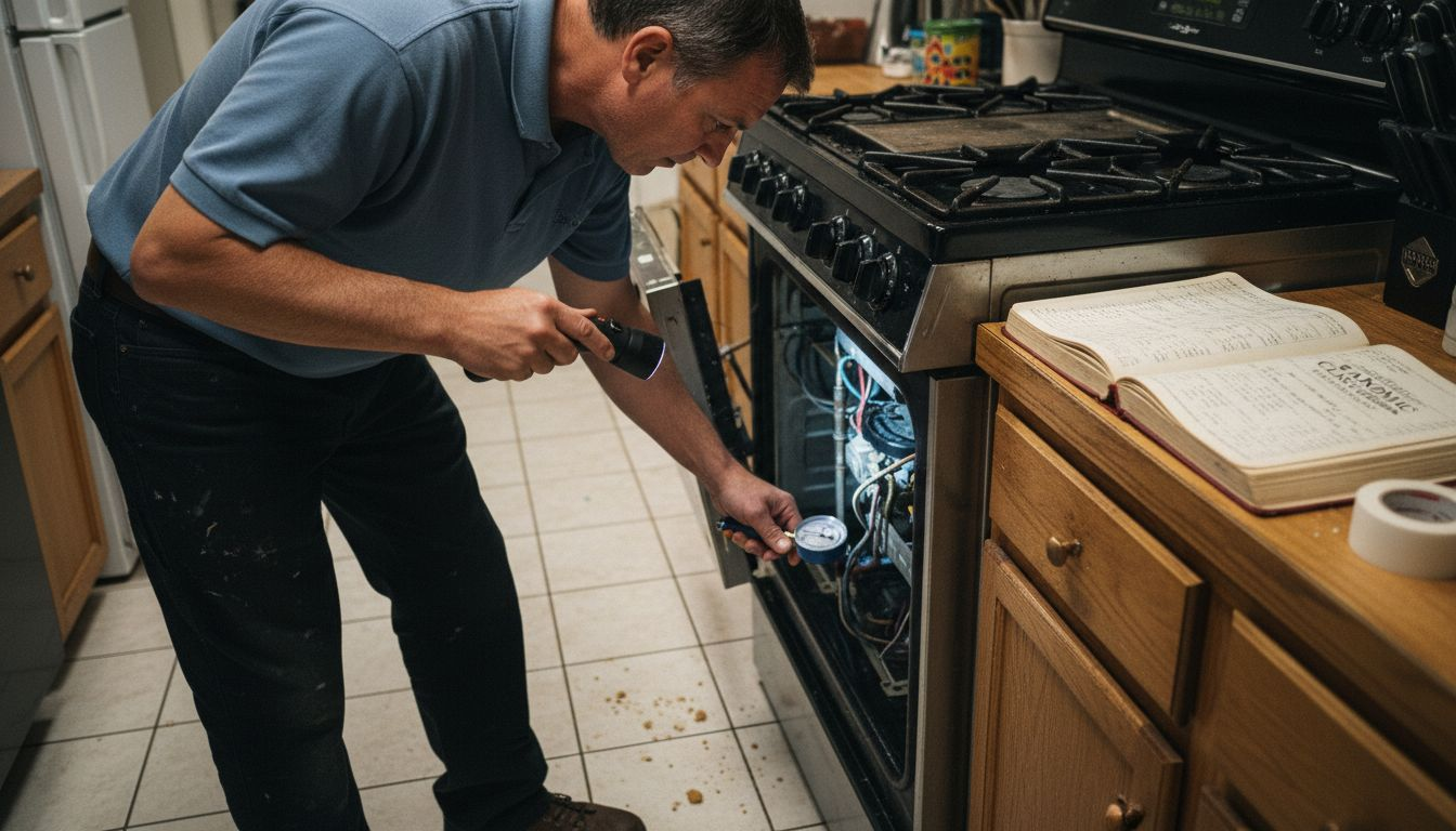 Technician inspecting stove burner assembly