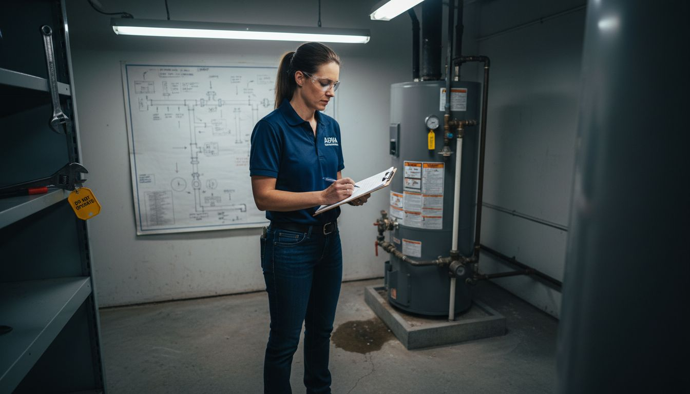 Plumbing inspector reviewing appliance installation