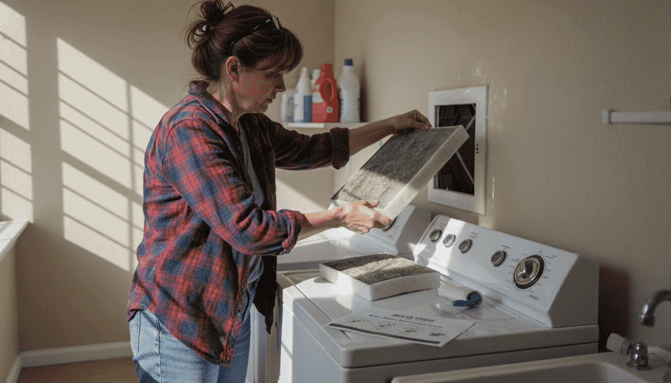 Homeowner changing air filter in laundry room