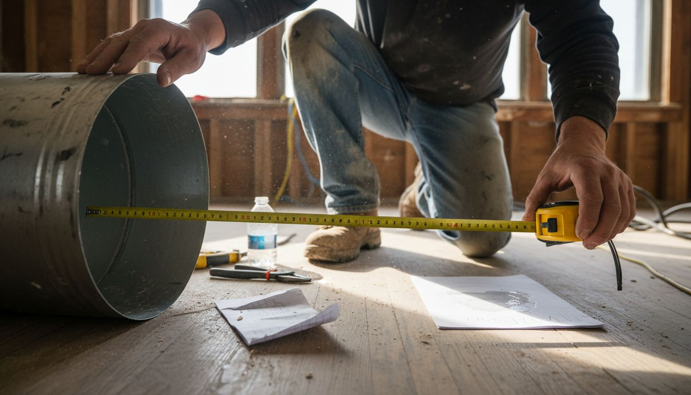 Contractor measuring diameter of metal duct