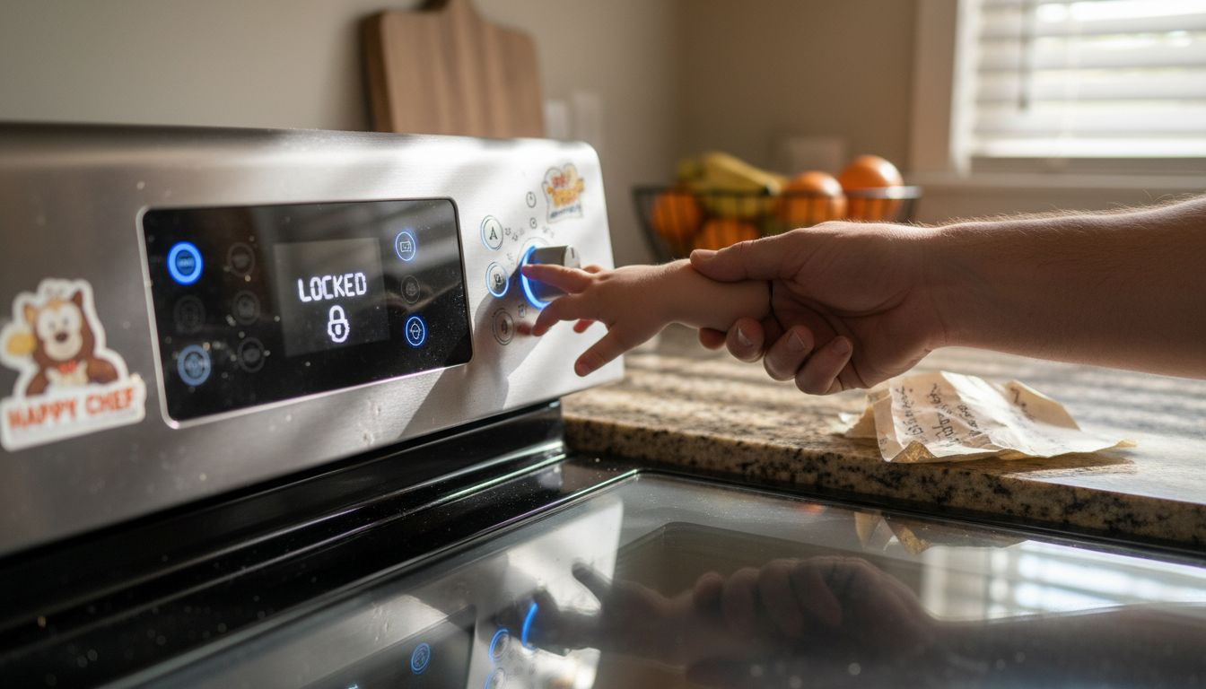 Child lock button on household oven panel