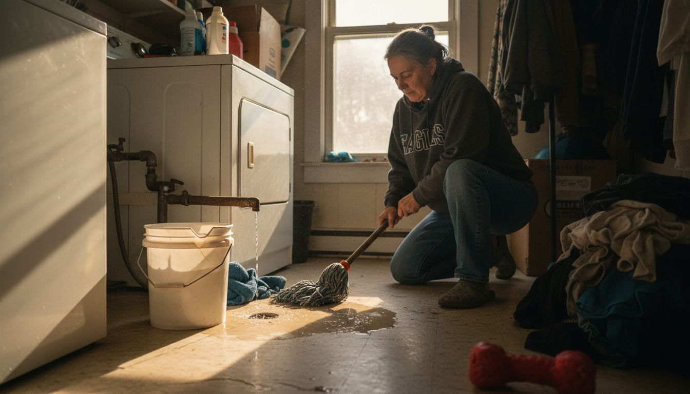 Homeowner cleaning up pipe leak