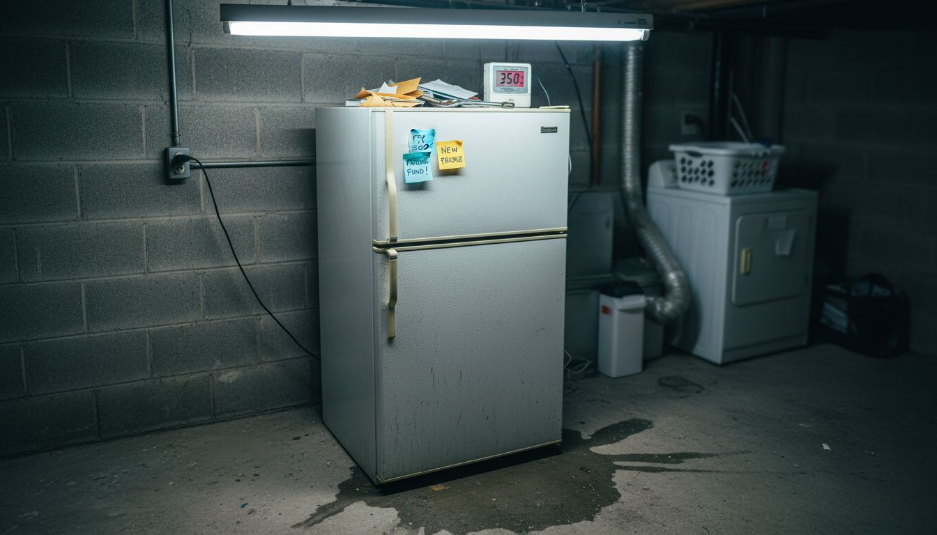 Old refrigerator with repair reminders and energy meter