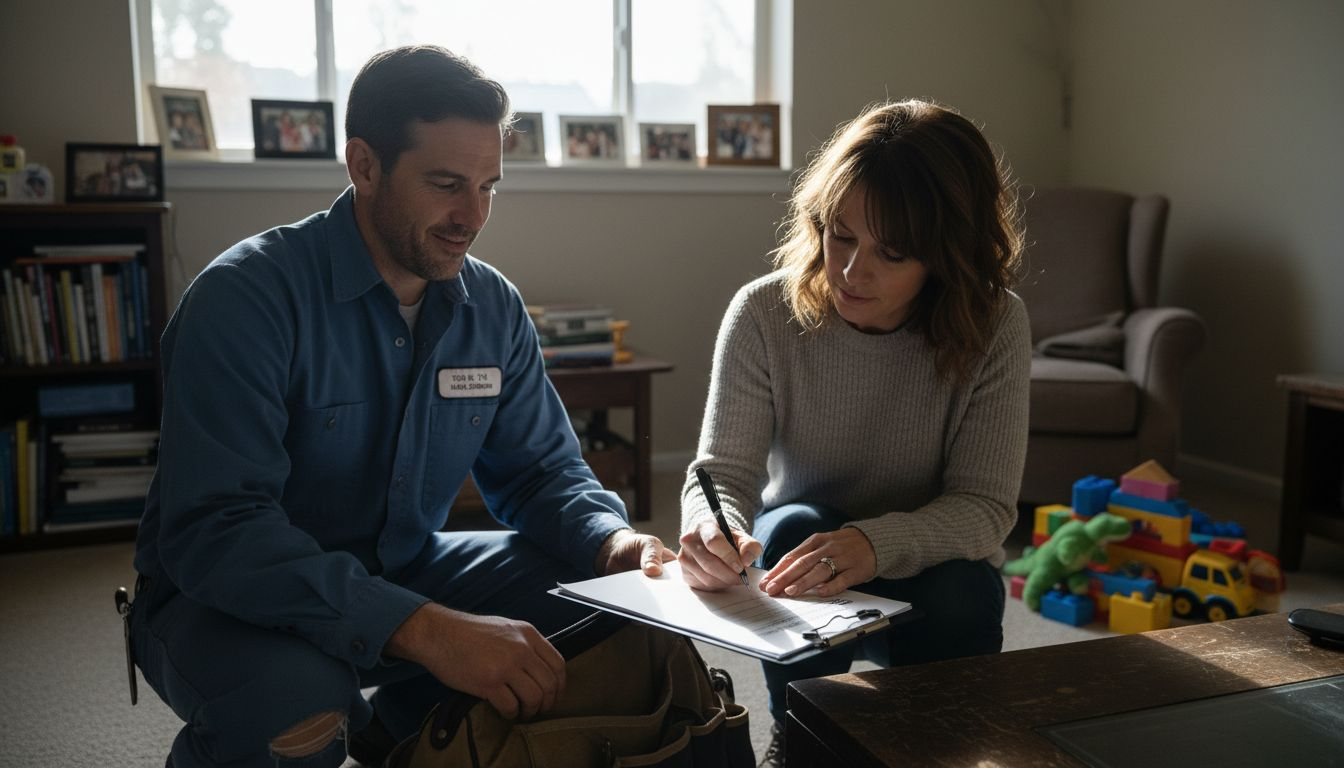Homeowner signing insured technician paperwork