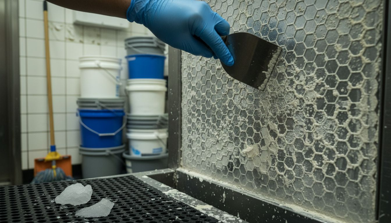 Mineral scale scraping residue inside ice machine