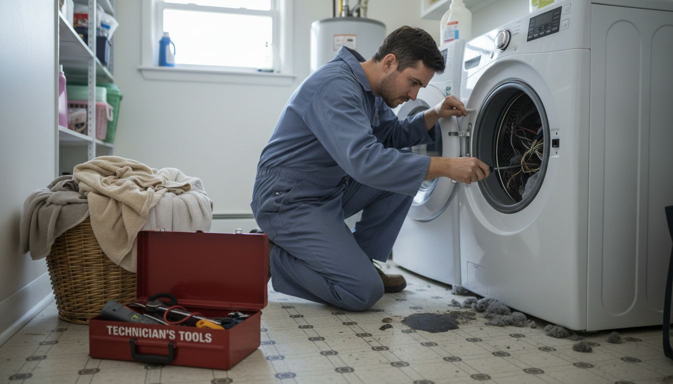 Technician fixing washing machine on-site
