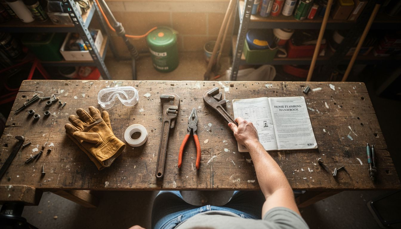 Laid out plumbing tools and safety gear
