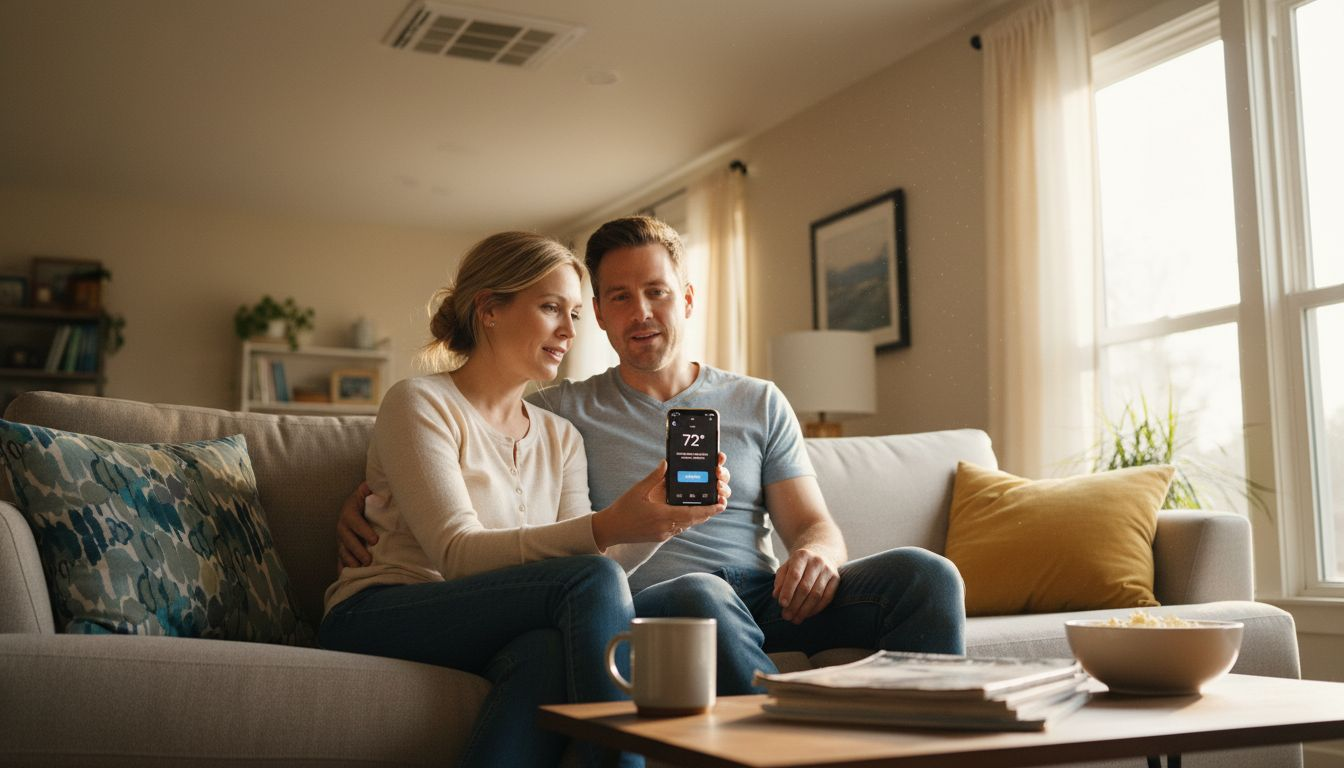 Couple using smart thermostat app on sofa