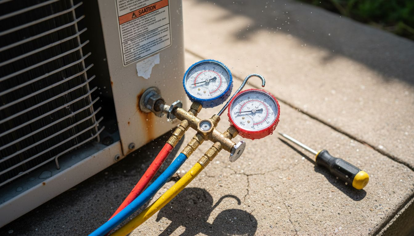 Refrigerant manifold gauges on outdoor condenser