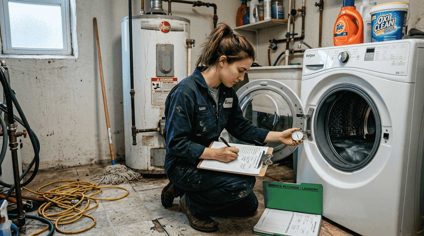 Technician testing and recording appliance checklist