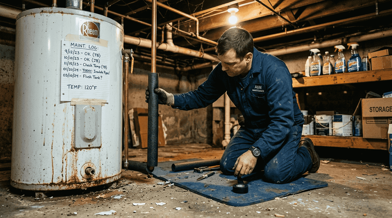 Worker insulating pipes beside water heater