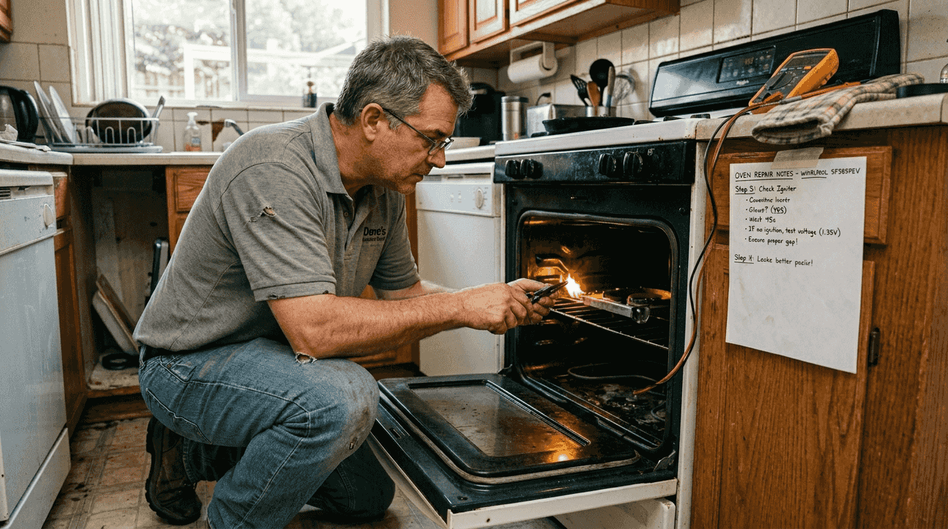 Technician inspecting gas oven igniter