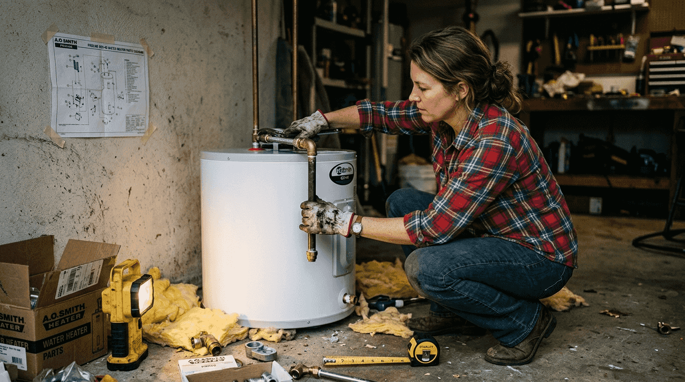 Plumber installing water heater in garage