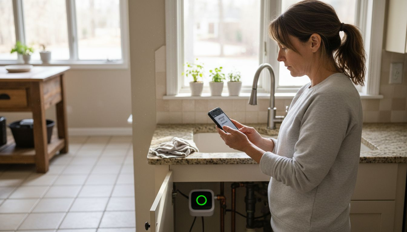 Homeowner reviews leak alert in kitchen