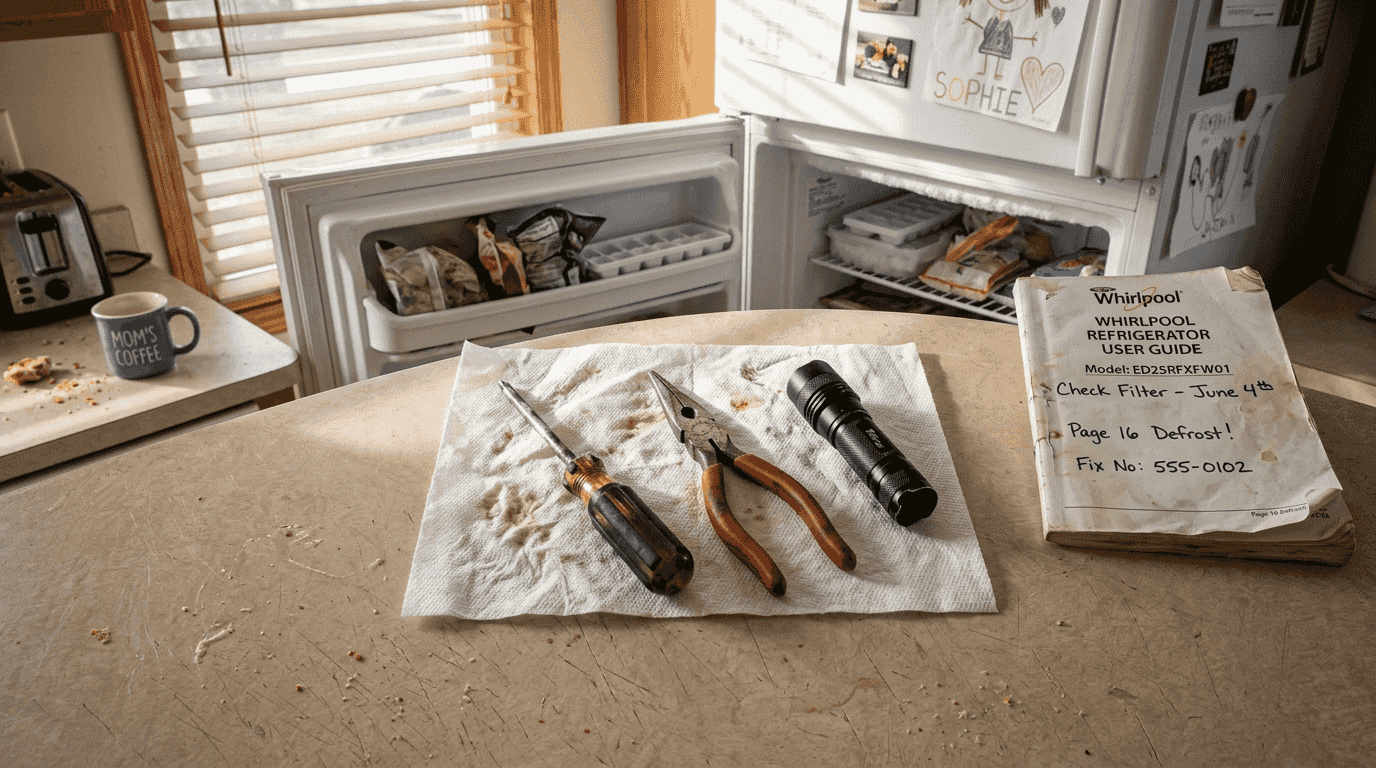 Ice maker repair tools on kitchen counter