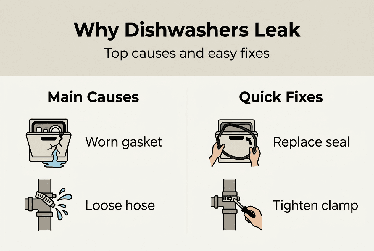 Infographic with dishwasher leak causes and fixes